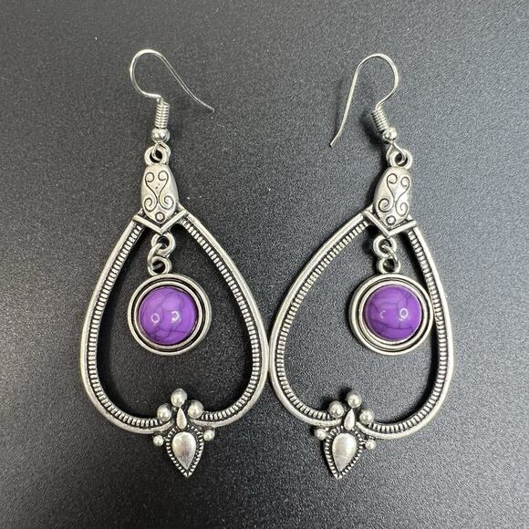 Teardrop Earrings Boho Silver Tone Ethnic Purple Stone Ethereal Emblem Purple - Picture 2 of 10